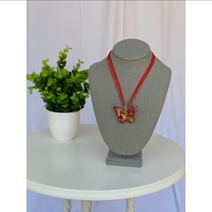 VINTAGE Red / Gold Glass Butterfly Necklace
